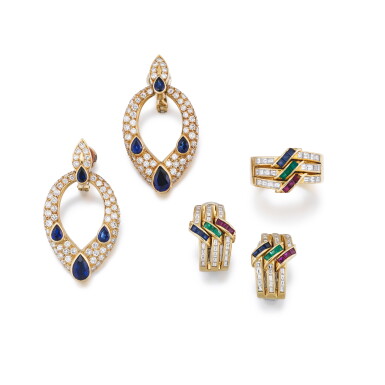 View full screen - View 1 of Lot 142. Suite de bijoux pierres de couleur et diamants | Set of colored stone and diamond jewels.