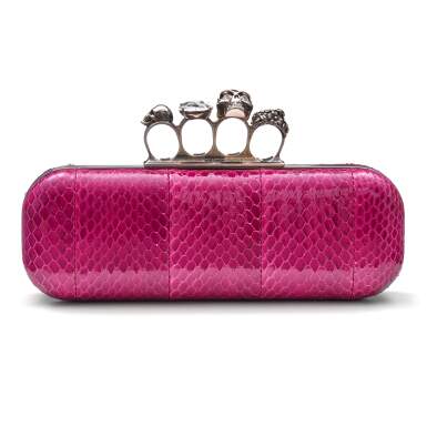 View full screen - View 1 of Lot 303. Fuschia Knuckle Clutch in Python Skin with Crystals and Silver Tone Hardware, circa 2000-2009.