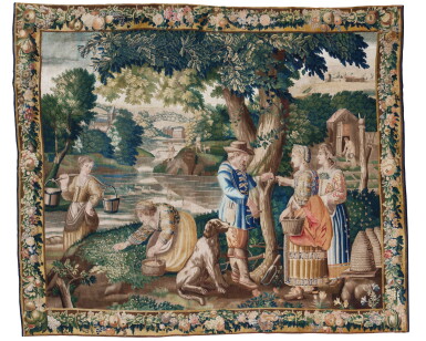 View full screen - View 1 of Lot 129. A Flemish Pastoral Tapestry, after a design by Jacques Stella, Late 17th Century.
