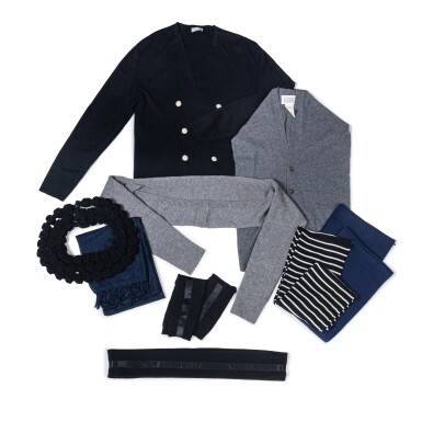 View full screen - View 1 of Lot 55. Set of Nine Designer Wool Accessories : Dior, Wool Jumper , Navy Shawl and Line Scarf; Margiela, Wool Scarf; Chanel, Wool Necklace and Navy Scarf, A Cashmere Bolero; Kooks Co, Set of Mittens & Scarf.