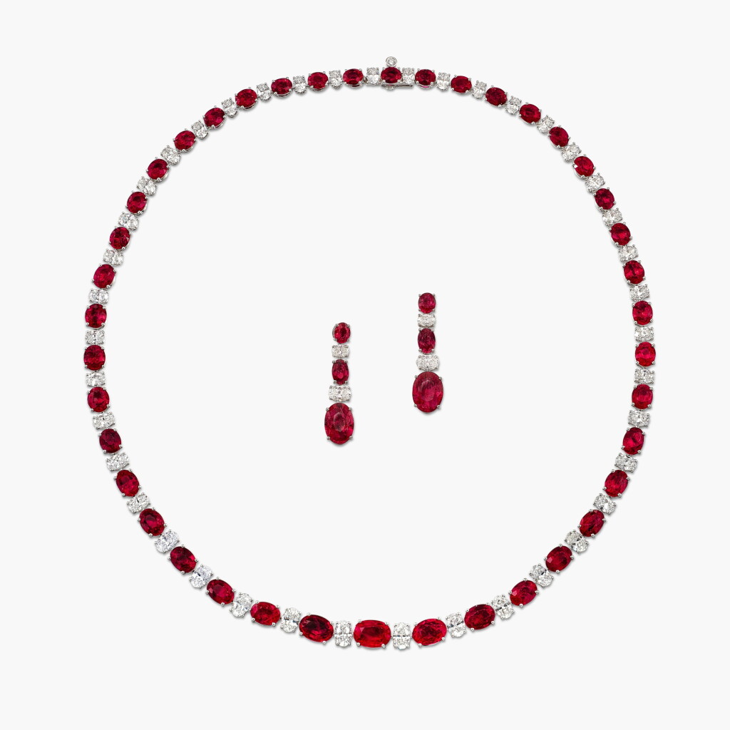 View full screen - View 1 of Lot 1815. Ruby and Diamond Demi-Parure | 天然 「緬甸」未經加熱紅寶石 配 鑽石 項鏈 及 耳墜 套裝 (紅寶石共重36.69克拉).