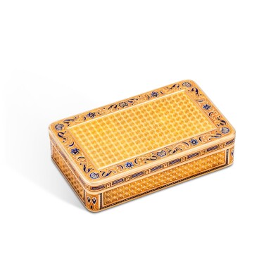 View full screen - View 1 of Lot 68. A gold and enamel snuff box, Moulinié Bautte & Co., Geneva, 1804-1814 | Tabatière en or et émail bleu, par Moulinié Bautte & Co, Genève, 1804-1814.