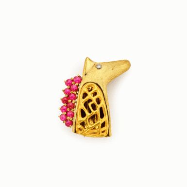 View full screen - View 1 of Lot 25. Gold and Ruby Horse-Head Brooch.