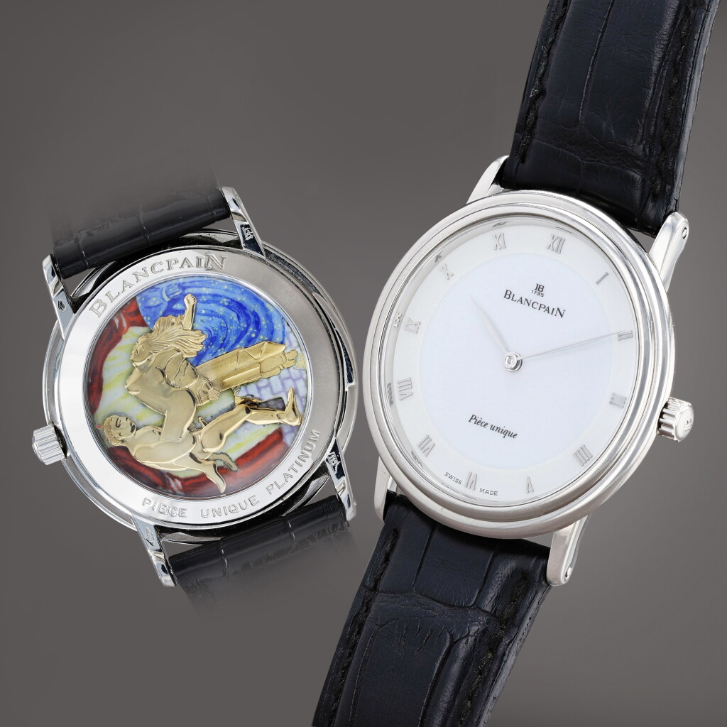 View full screen - View 1 of Lot 439. Pièce unique montre bracelet répétition minute en platine avec automate érotique | Unique platinum minute repeater wristwatch with erotic automaton Vers 1995 | Circa 1995.