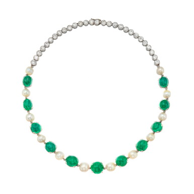 View full screen - View 1 of Lot 3. Emerald, Natural Pearl and Diamond Necklace | 祖母綠、天然珍珠及鑽石項鏈.