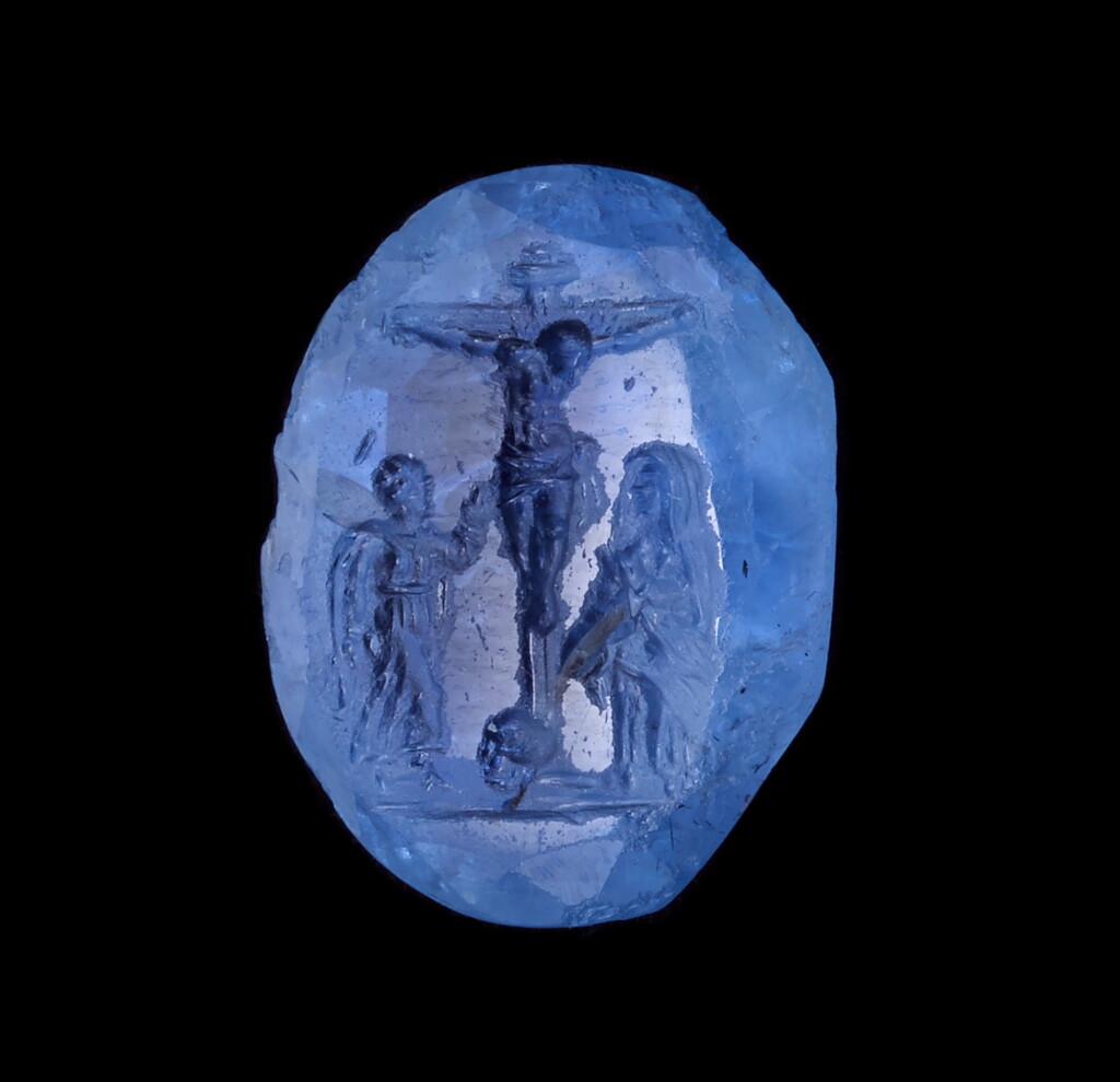View full screen - View 1 of Lot 10. Italian, Milan, second half 16th century | A Rare Sapphire engraved with the Crucifixion.
