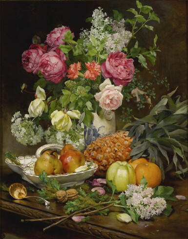 View full screen - View 1 of Lot 819. Louis Marie de Schryver | STILL LIFE WITH FLOWERS AND PINEAPPLE.