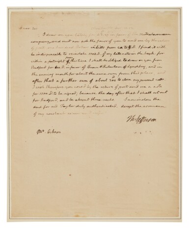 View full screen - View 1 of Lot 1055. Jefferson, Thomas | "Send me by the return post one hundred Dollars in bills from 20 to 5...".