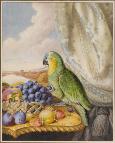 View full screen - View 1 of Lot 145. A parrot eating from a bowl of grapes, plums, peaches and strawberries with a river landscape beyond.
