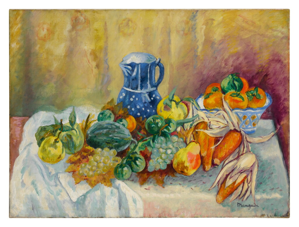 View full screen - View 1 of Lot 10. Melon, raisins, poires, maïs et pot bleu.