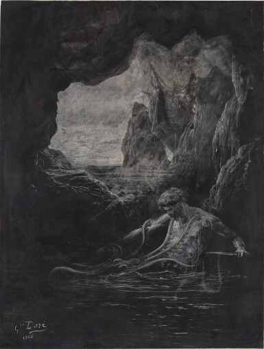 View full screen - View 1 of Lot 51. Gilliatt struggles with the giant octopus, illustration from Les Travailleurs de la Mer by Victor Hugo.