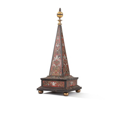 View full screen - View 1 of Lot 40. A Louis XIV red tortoiseshell, horn, brass, pewter and ebony marquetred pyramid-shaped mantel clock, probably German, Augsburg, circa 1680.