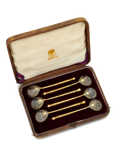 View full screen - View 1 of Lot 128. A SET OF SIX SILVER-GILT AND NIELLO SPOONS, MIKHAIL KARPINSKY, RETAILED BY OVCHINNIKOV, 1872.