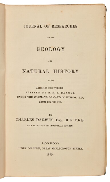 View full screen - View 1 of Lot 75. Charles Darwin | Journal of Researches, 1839, with Geological Observations on the Volcanic Islands, 1844, first editions, 2 volumes in all.