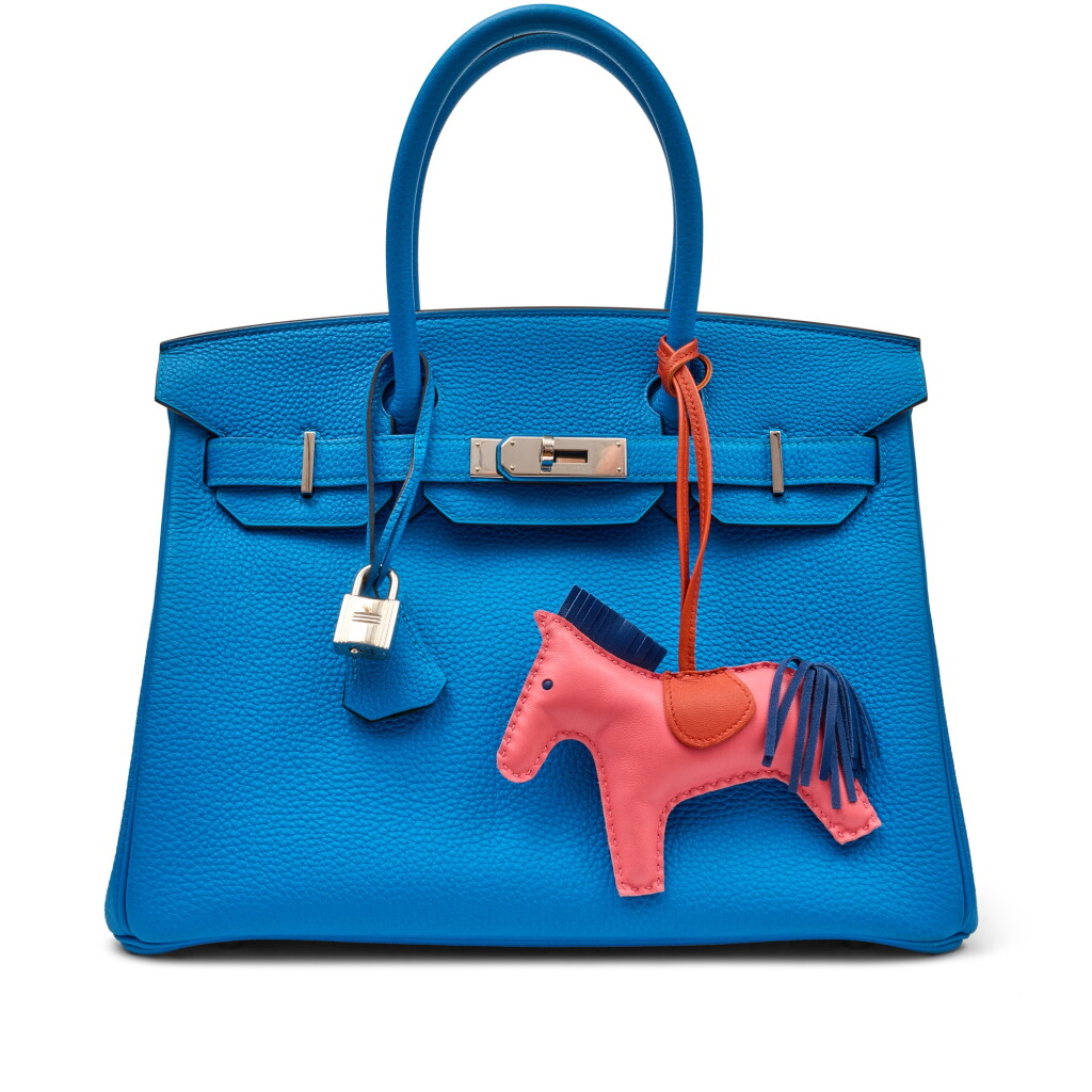 View full screen - View 1 of Lot 1305. Limited Edition Bleu Electric Togo and Vert Vertigo Verso Birkin 30 Palladium Hardware, 2017 and Rodeo Charm.
