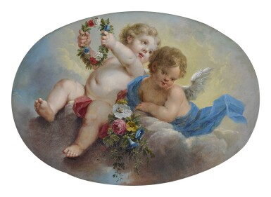 View full screen - View 1 of Lot 296. FOLLOWER OF CHARLES-DOMINIQUE-JOSEPH EISEN | TWO PUTTI ON A CLOUD HOLDING FLOWERS.
