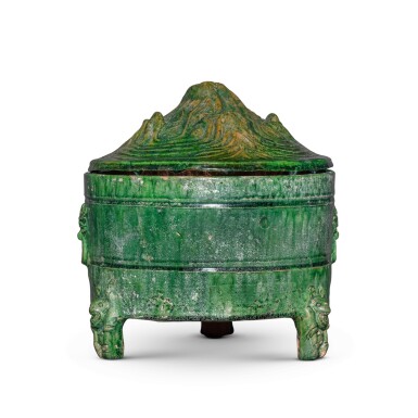 View full screen - View 1 of Lot 21. A green-glazed pottery tripod censer and cover (Boshanlu), Han dynasty.