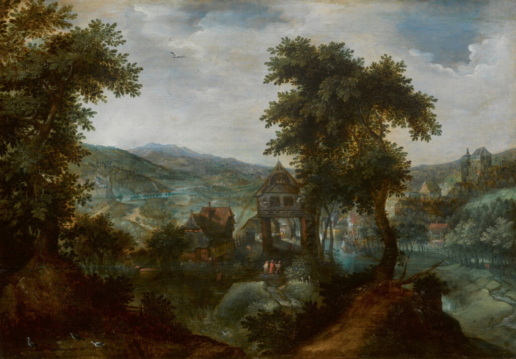 View full screen - View 1 of Lot 37. ATTRIBUTED TO GILLIS VAN CONINXLOO | A wooded landscape with hunters by a village.