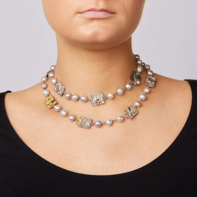 View full screen - View 1 of Lot 196. Cultured Pearl and Gem-set Necklace .