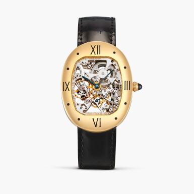 View full screen - View 1 of Lot 2278. New York retailed | A very fine and exceptionally rare yellow gold oval form skeletonised wristwatch, Circa 1973.