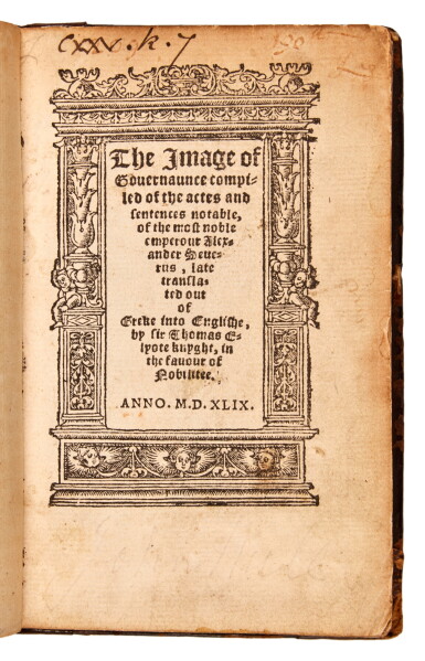View full screen - View 1 of Lot 58. Elyot Thomas | The Image of Governaunce, 1549, contemporary calf, extensive contemporary marginalia.