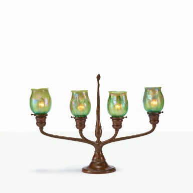 View full screen - View 1 of Lot 14. TIFFANY STUDIOS | FOUR-LIGHT CANDELABRUM LAMP.