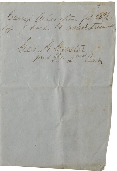 View full screen - View 1 of Lot 2111. Custer, George A. Autograph document signed, Camp Arlington, Virginia, 20 July 1861.