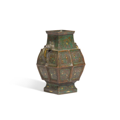 View full screen - View 1 of Lot 52. An archaistic gold and silver-inlaid bronze square vase, Ming dynasty.