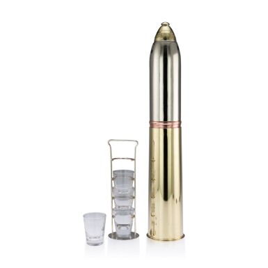 View full screen - View 1 of Lot 112. A VERY LARGE AMERICAN SILVER-PLATED, BRASS AND COPPER GORHAM COCKTAIL SHAKER, CIRCA 1917.
