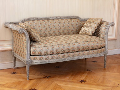 View full screen - View 1 of Lot 36. A small Louis XVI grey relacquered wood sofa, circa 1780, stamped by Georges Jacob | Petit canapé à la turque en bois relaqué gris d'époque Louis XVI, vers 1780, estampille de Georges Jacob.