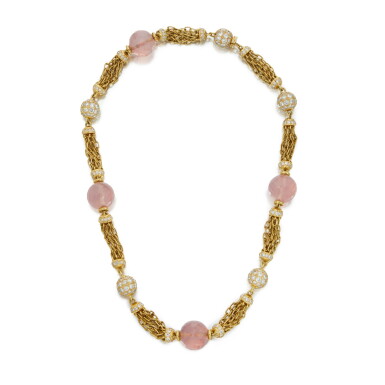 View full screen - View 1 of Lot 415. Gold, Rose Quartz and Diamond Necklace.