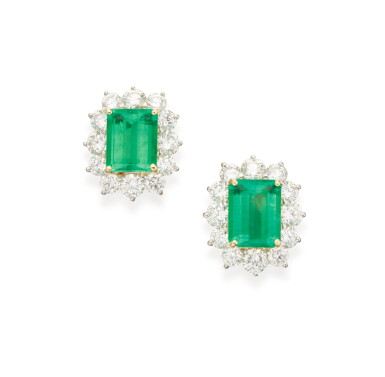 View full screen - View 1 of Lot 48. Pair of Emerald and Diamond Earclips.