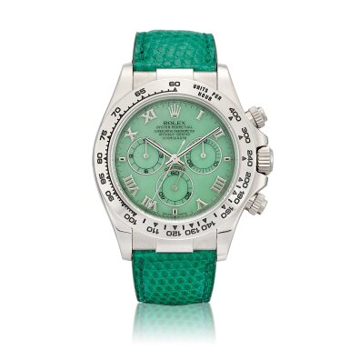 View full screen - View 1 of Lot 2111. Cosmograph Daytona "Beach", Reference 116519 | A white gold chronograph wristwatch with green chalcedony dial, Circa 2000 | 勞力士 | Cosmograph Daytona "Beach" 型號116519 | 白金計時腕錶,備綠玉髓錶盤,約2000年製.