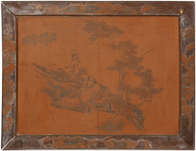 View full screen - View 1 of Lot 229. A pair of incised bamboo-veneer panels Late Qing dynasty-Republican period | 清末至民國 竹簧雕刻掛屏一對.