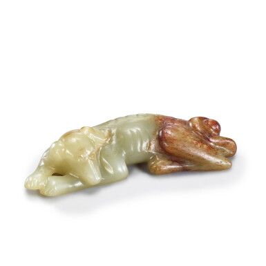 View full screen - View 1 of Lot 3682. A pale green and russet jade figure of a recumbent dog Song dynasty | 宋 青玉臥犬.