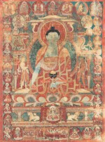 A finely drawn thangka depicting Bhaishajyaguru, West Tibet, 15th century | 西藏西 十五世紀 藥師佛唐卡 設色布本