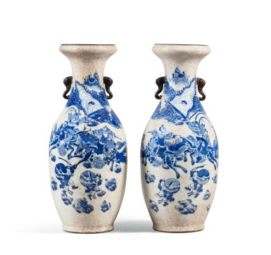 View full screen - View 1 of Lot 100. A pair of large blue and white 'figural' baluster vases Nankin, Qing dynasty, 19th century | 清十九世紀 青花人物故事圖象首耳大瓶.