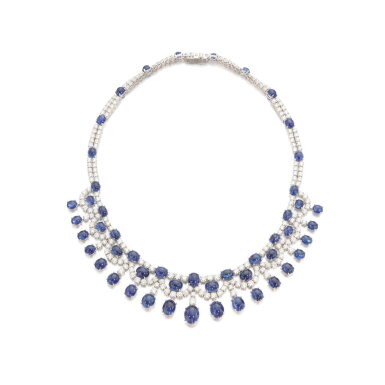 View full screen - View 1 of Lot 828. Sapphire and diamond necklace.