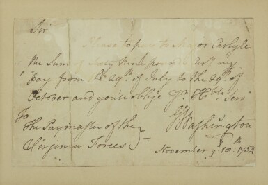 View full screen - View 1 of Lot 162. WASHINGTON, GEORGE | Autograph document signed ("Go: Washington"), to the Paymaster of the Virginia Forces .