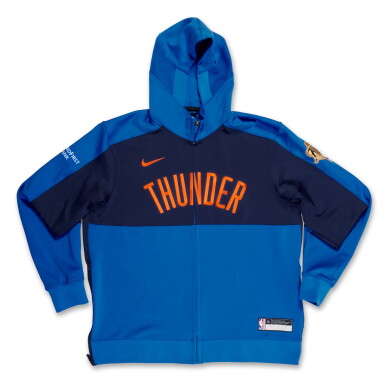 View full screen - View 1 of Lot 30. Luguentz Dort Oklahoma City Thunder 2025 NBA Finals Game Issued Icon Edition Warmup Jacket | ‘Championship Run’.