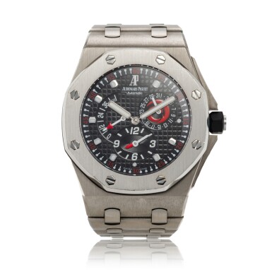 View full screen - View 1 of Lot 120. Reference Ref. 25995IP.OO.100TI.01 Royal Oak Offshore 'Alinghi America's Cup' | A titanium dual time zone wristwatch with date, power reserve indication and bracelet, Circa 2003 | 愛彼 25995IP.OO.100TI.01 型號 Royal Oak Offshore 'Alinghi America's Cup' | 鈦金屬兩地時間鍊帶腕錶備日期及動力儲存顯示,約2003年製.