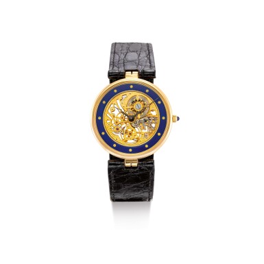 View full screen - View 1 of Lot 2101. PATEK PHILIPPE | REFERENCE 3885, A YELLOW GOLD AND ENAMEL SKELETONIZED WRISTWATCH, CIRCA 1991 | 百達翡麗 | 型號3885 黃金鑲琺瑯鏤空腕錶,機芯編號1389273,錶殼編號2300762,約1991年製.