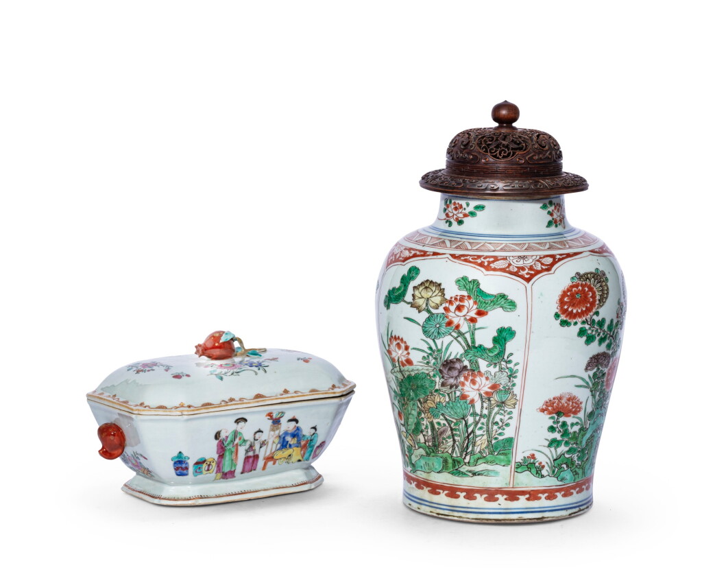 View full screen - View 1 of Lot 231. Potiche en porcelaine wucai et terrine couverte en porcelaine de la Famille Rose Dynastie Qing, XVIIE-XVIIIE siècle | 清十七至十八世紀 五彩開光花卉紋罐 及 粉彩人物故事圖蓋盆 | A wucai jar and a Famille-Rose tureen and cover, Qing Dynasty, 17th-18th century.