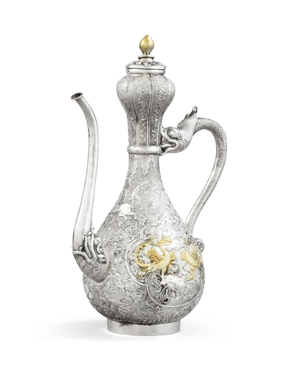 View full screen - View 1 of Lot 52. A Chinese parcel-gilt silver teapot, 19th century | Théière en argent et vermeil, Chine, XIXe siècle.