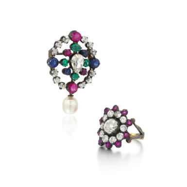 View full screen - View 1 of Lot 3. Gem-set, diamond and natural pearl brooch and ruby and diamond ring | Spilla con gemme di colore, diamanti e perla naturale e anello in diamanti e rubini .
