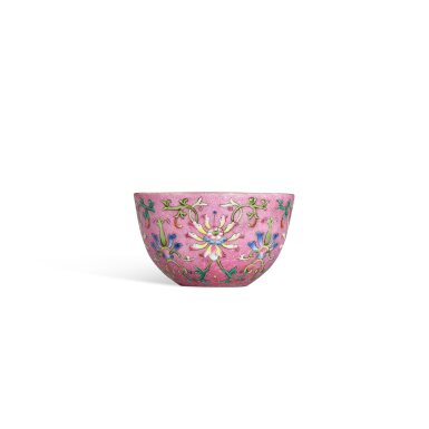 View full screen - View 1 of Lot 3358. A pink-ground famille-rose sgraffiato 'lotus' cup, Seal mark and period of Daoguang | 清道光 粉地軋道粉彩蓮紋盃 《大清道光年製》款.