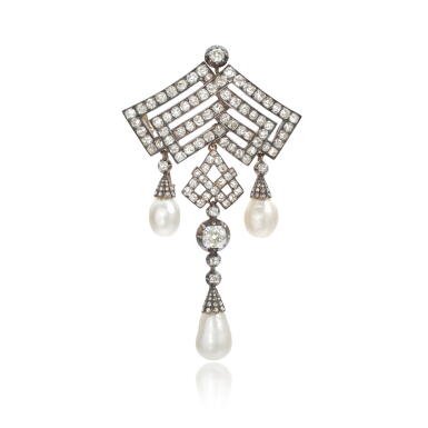 View full screen - View 1 of Lot 1032. Fine and Historical natural pearl and diamond brooch, circa 1865.