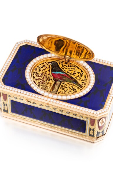 View full screen - View 1 of Lot 1170. A pearl-set gold and enamel singing bird box, Jaquet-Droz & Leschot, Geneva, circa 1805.