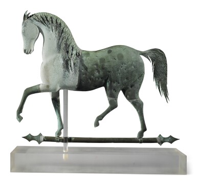 View full screen - View 1 of Lot 167. Fine and Rare Swelled-Bodied Gilt-Copper and Cast Zinc 'Index Horse' Weathervane, Attributed to J. Howard & Co., West Bridgewater, Massachusetts, circa 1854-1867.