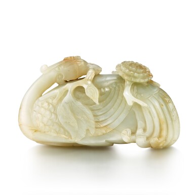 View full screen - View 1 of Lot 493. A celadon jade 'phoenix and peony' group, Qing dynasty, 18th - 19th century 清十八至十九世紀 青白玉鳳銜牡丹.